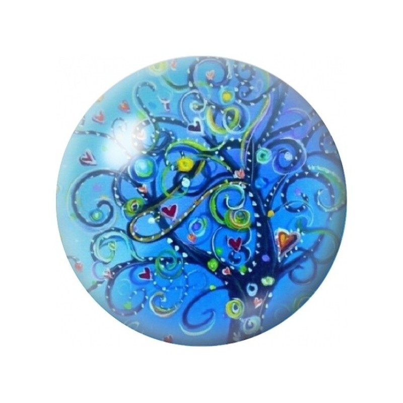 Cabochon en Verre Illustré Arbre Bleu aux Oiseaux et Cœurs 12 à 25mm