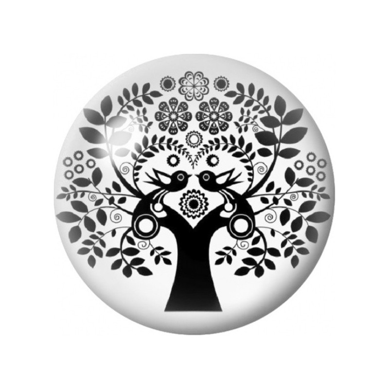 Cabochon en Verre Illustré Arbre Hibou Noir et Blanc 12 à 25mm