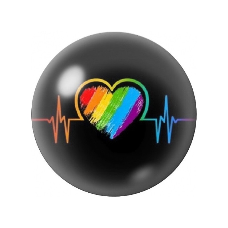 Cabochon en Verre Illustré Cœur Arc-en-Ciel et Rythme Cardiaque 12 à 25mm