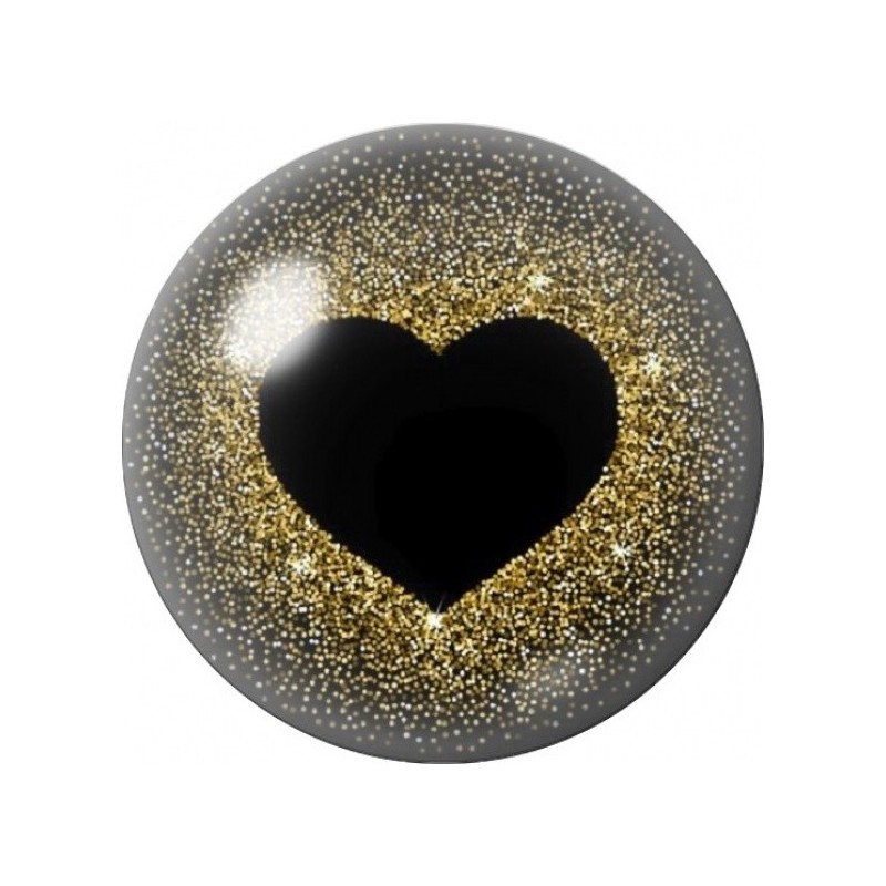Cabochon en Verre Illustré Cœur Noir dans la Poussière Dorée 12 à 25mm