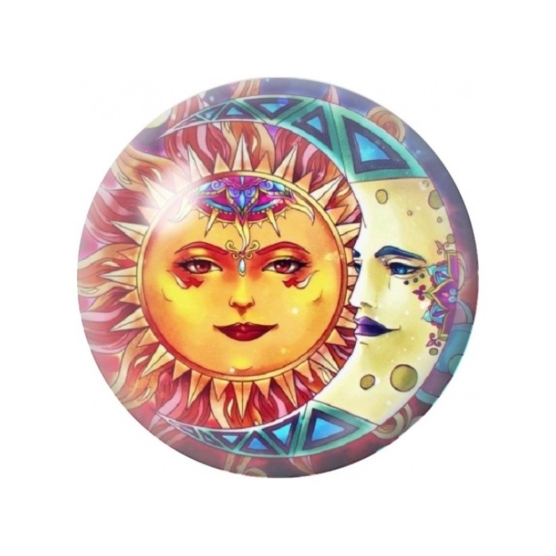 Cabochon en Verre Illustré Soleil et Lune aux Visages 12 à 25mm