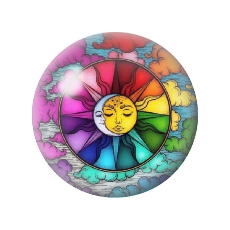 Cabochon en Verre Illustré Soleil et Lune Arc-en-Ciel 12 à 25mm