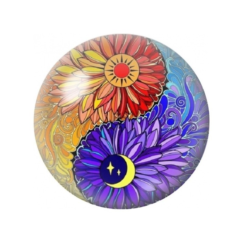Cabochon en Verre Illustré Yin-Yang Soleil et Lune Floral 12 à 25mm