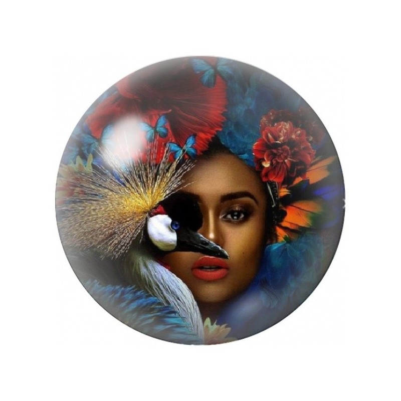Cabochon en Verre Illustré Femme Exotique à l’Oiseau 12 à 25mm