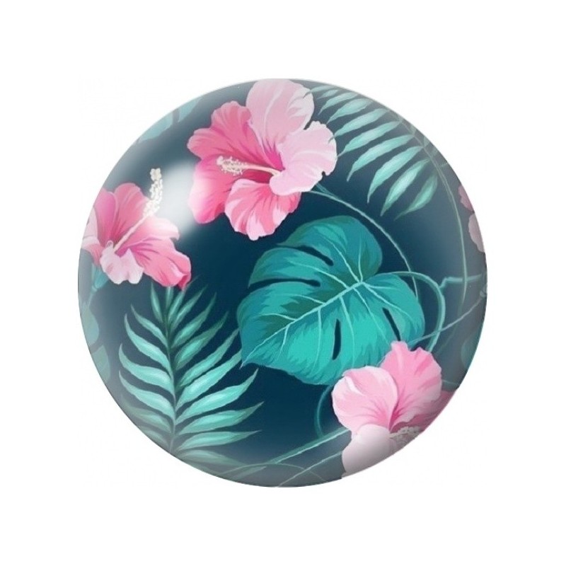 Cabochon en Verre Illustré Hibiscus Roses et Feuilles Turquoise 12 à 25mm