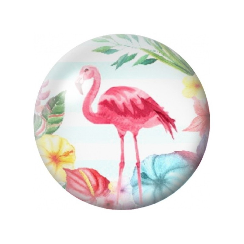 Cabochon en Verre Illustré Flamant Rose et Feuilles Colorées 12 à 25mm