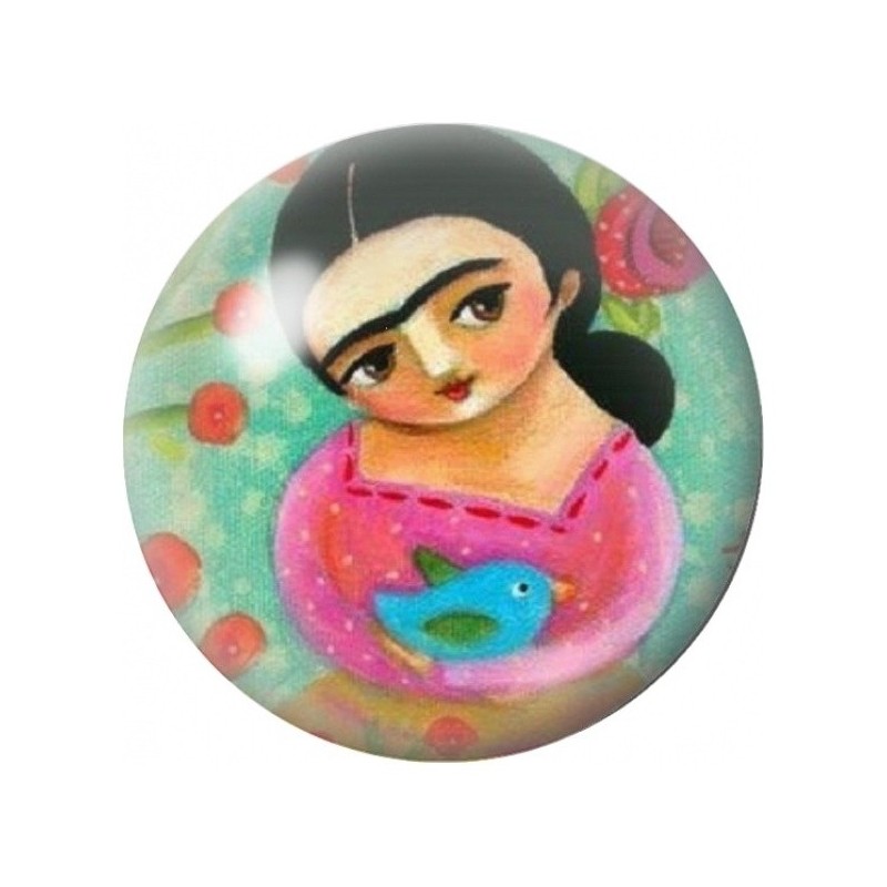 Cabochon en Verre Illustré Petite Frida Kahlo à l’Oiseau Bleu 12 à 25mm