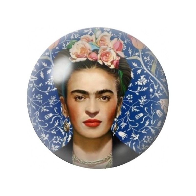 Cabochon en Verre Illustré Frida Kahlo sur Fond Bleu Fleuri 12 à 25mm