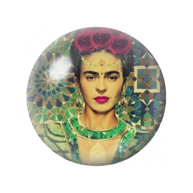Cabochon en Verre Illustré Frida Kahlo au Décor Géométrique Vert 12 à 25mm