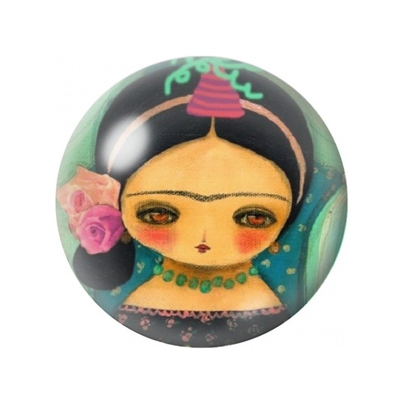 Cabochon en Verre Illustré Petite Frida Kahlo aux Roses 12 à 25mm