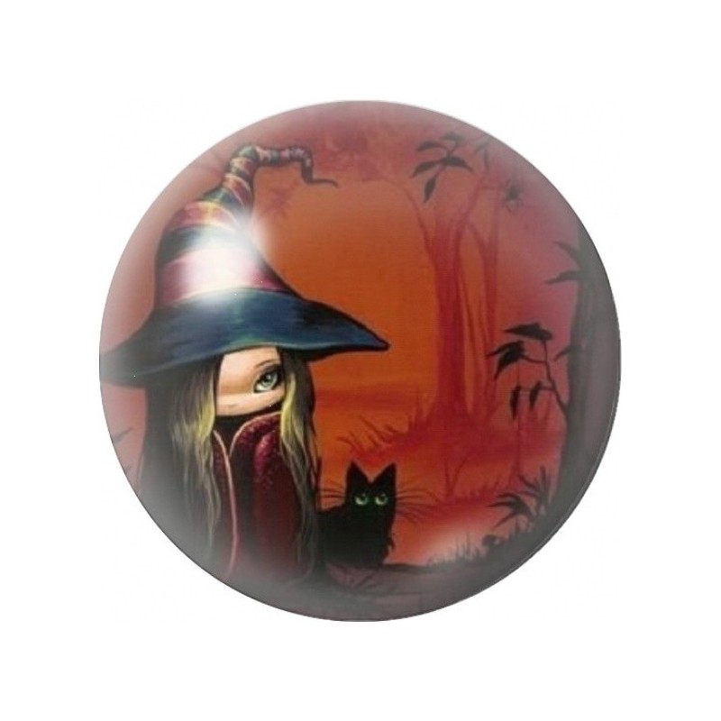 Cabochon en Verre Illustré Sorcière et Chat au Crépuscule 12 à 25mm