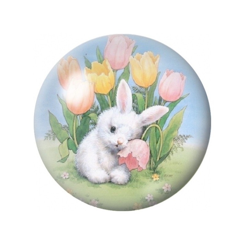 Cabochon en Verre Illustré Lapin Blanc parmi les Tulipes 12 à 25mm