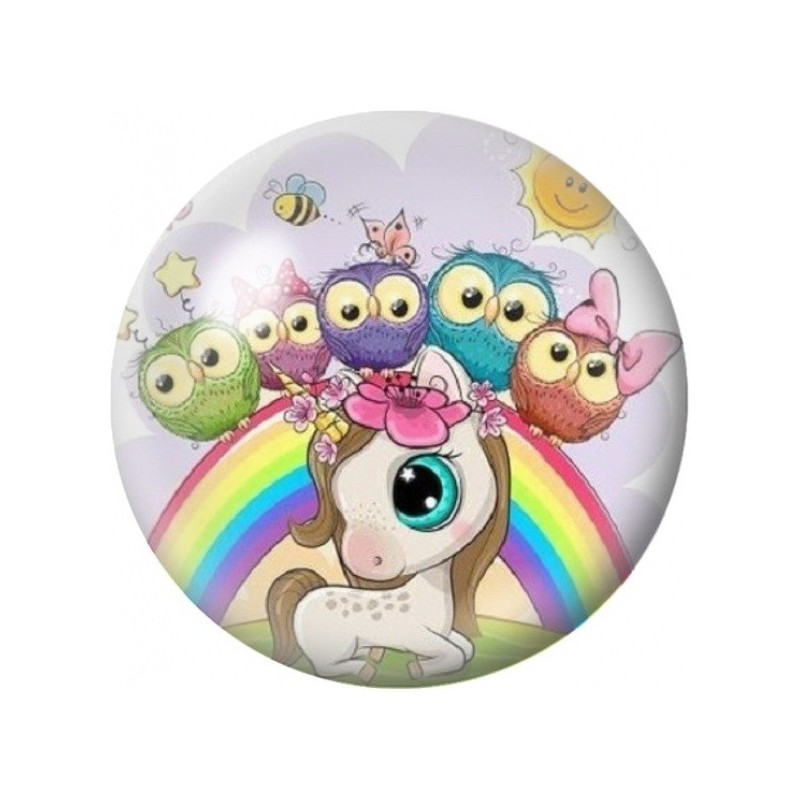 Cabochon en Verre Illustré Licorne et Hiboux Arc-en-Ciel 12 à 25mm