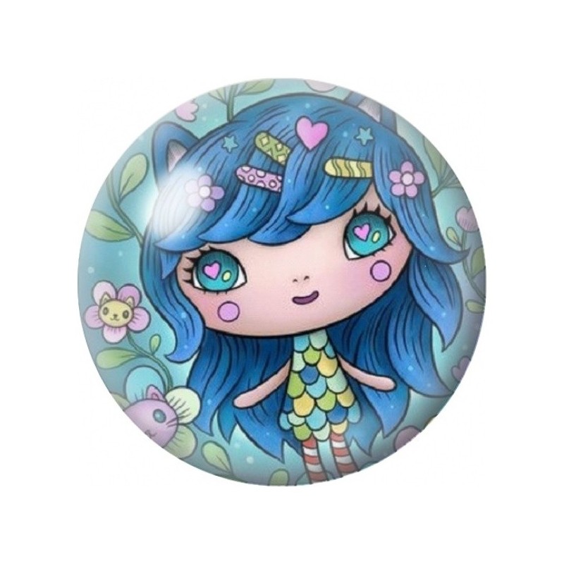 Cabochon en Verre Illustré Petite Sirène aux Cheveux Bleus 12 à 25mm