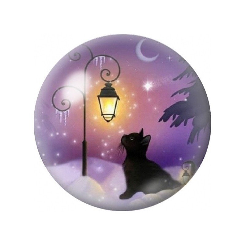 Cabochon en Verre Illustré Chat Noir sous le Réverbère d’Hiver 12 à 25mm
