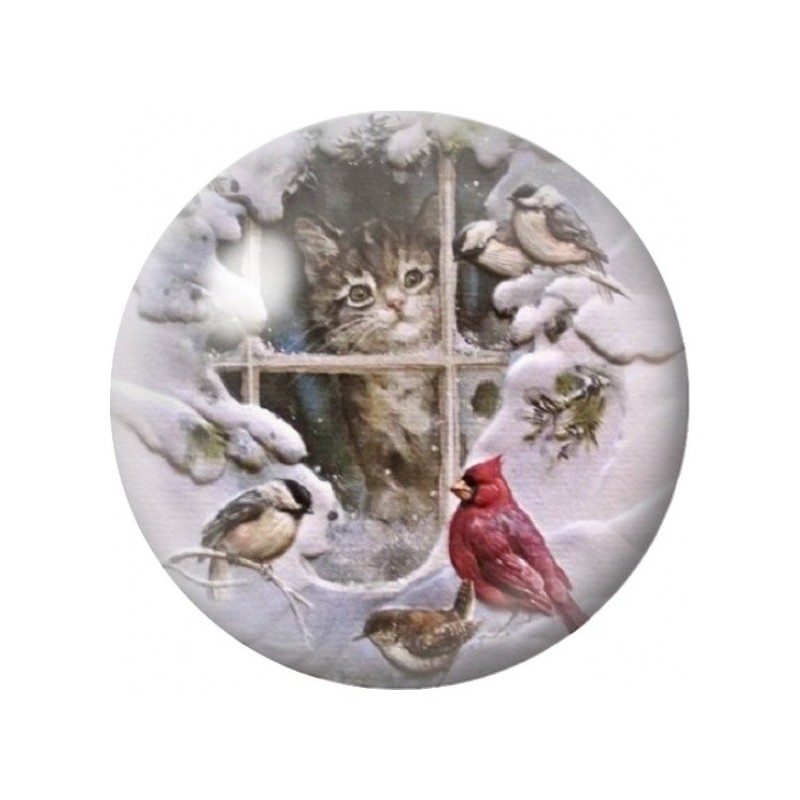 Cabochon en Verre Illustré Chat à la Fenêtre et Oiseaux d’Hiver 12 à 25mm