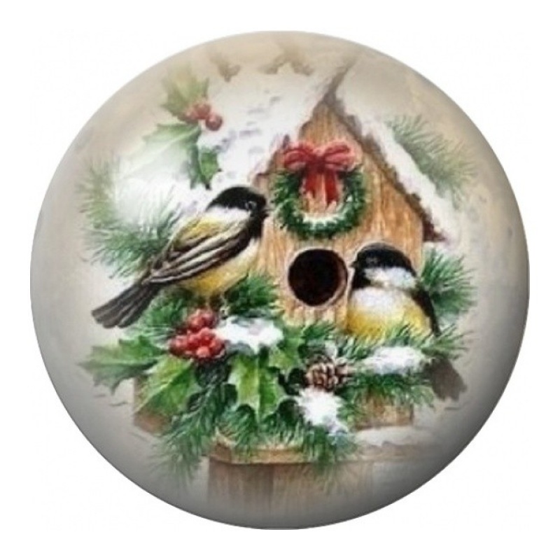 Cabochon en Verre Illustré Oiseaux sur Couronne de Noël 12 à 25mm