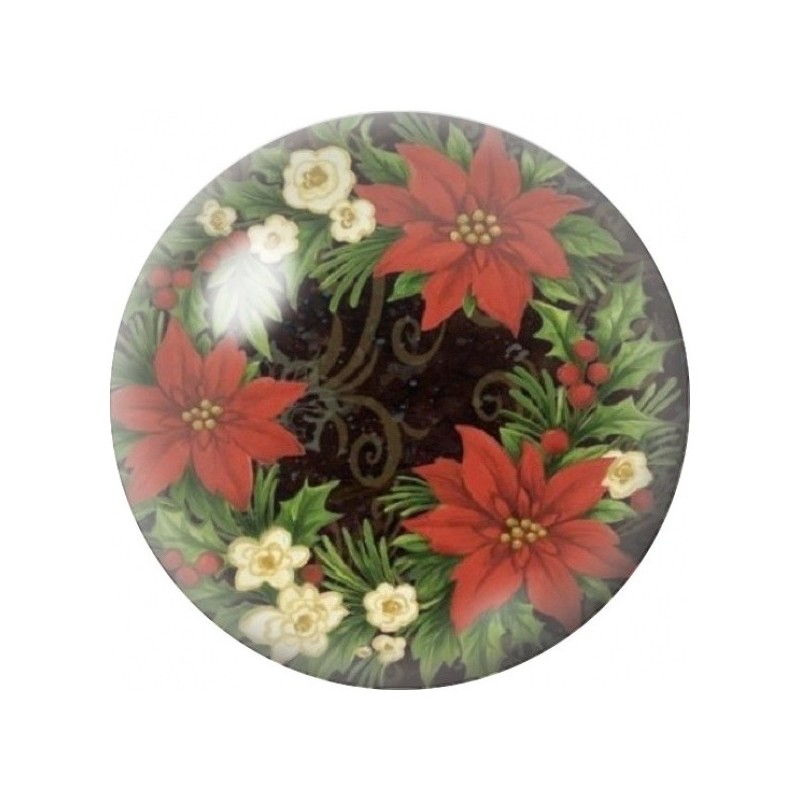 Cabochon en Verre Illustré Poinsettias Rouges et Fleurs Blanches 12 à 25mm
