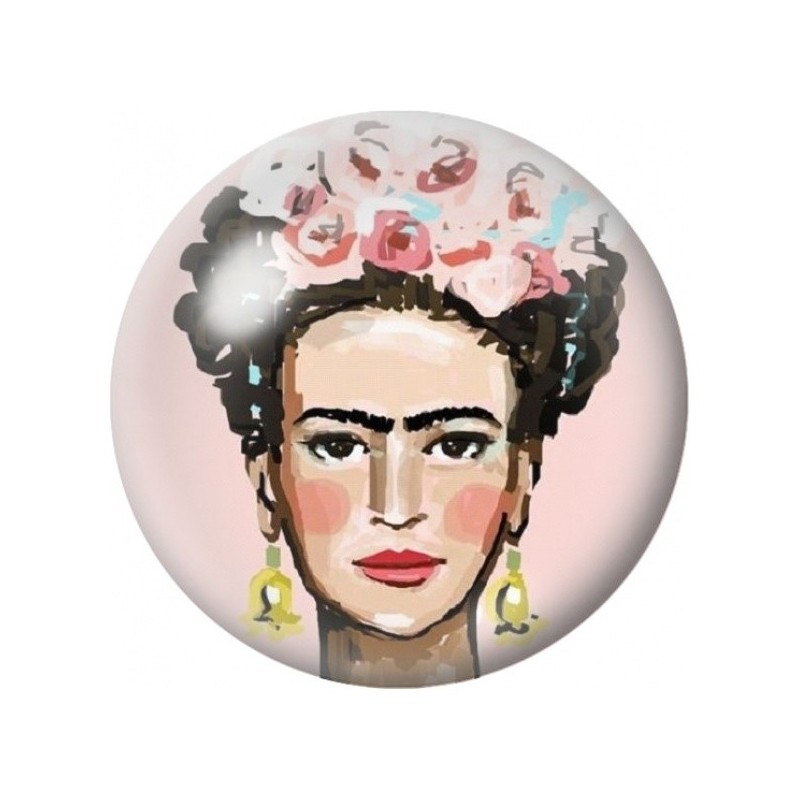 Cabochon en Verre Illustré Frida Kahlo aux Roses sur Fond Rose 12 à 25mm
