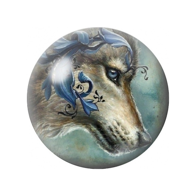 Cabochon en Verre Illustré Loup Bleu aux Volutes 12 à 25mm
