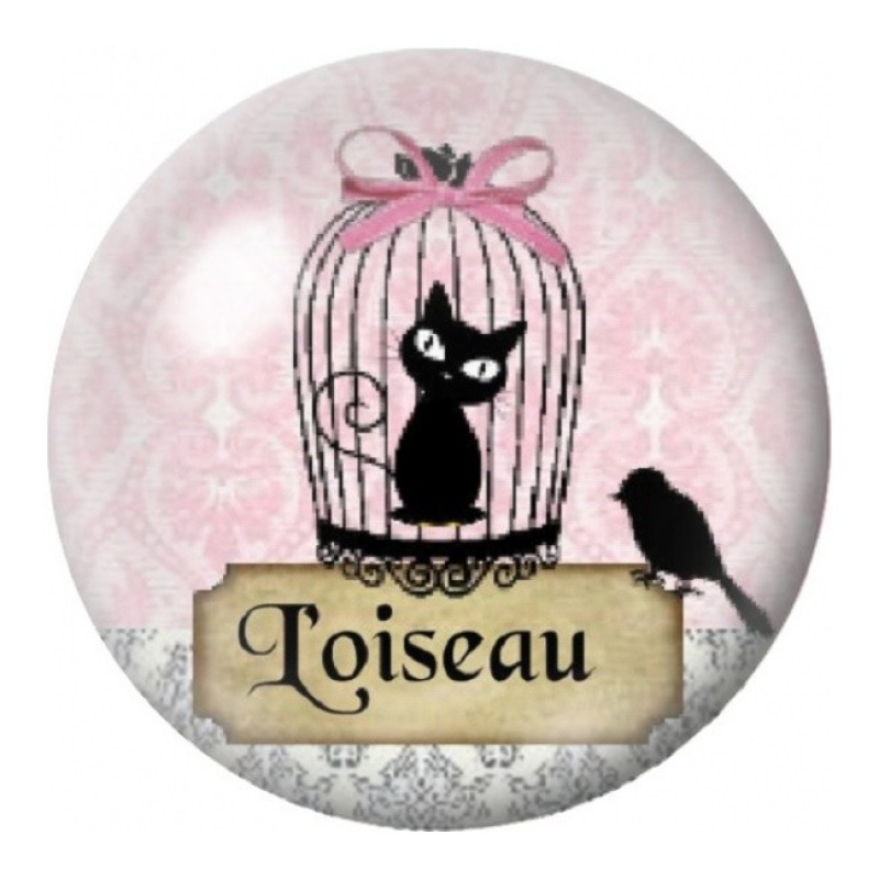 Cabochon en Verre Illustré Chat en Cage et Oiseau Noir 12 à 25mm