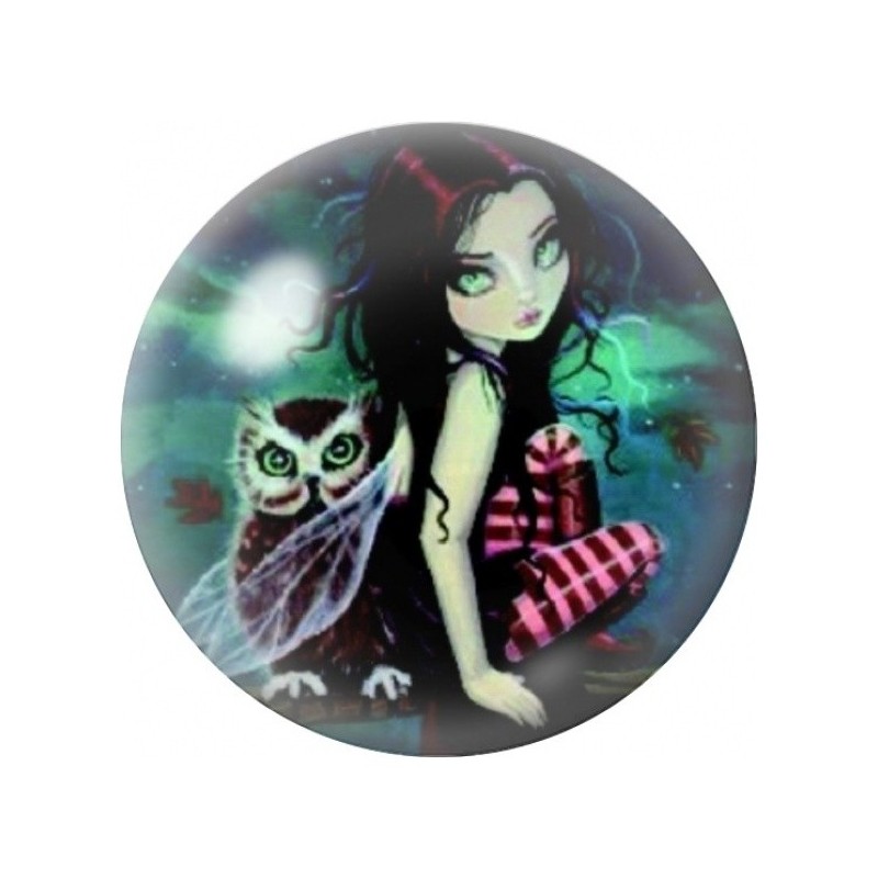 Cabochon en Verre Illustré Fille Gothique avec son Hibou 12 à 25mm