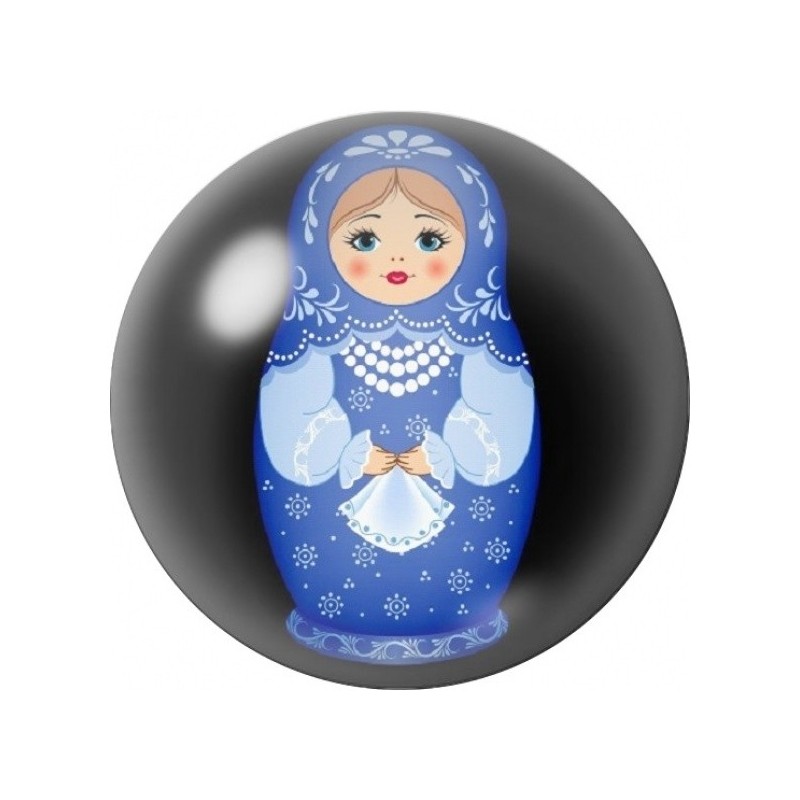 Cabochon en Verre Illustré Poupée Russe Bleue sur Fond Noir 12 à 25mm