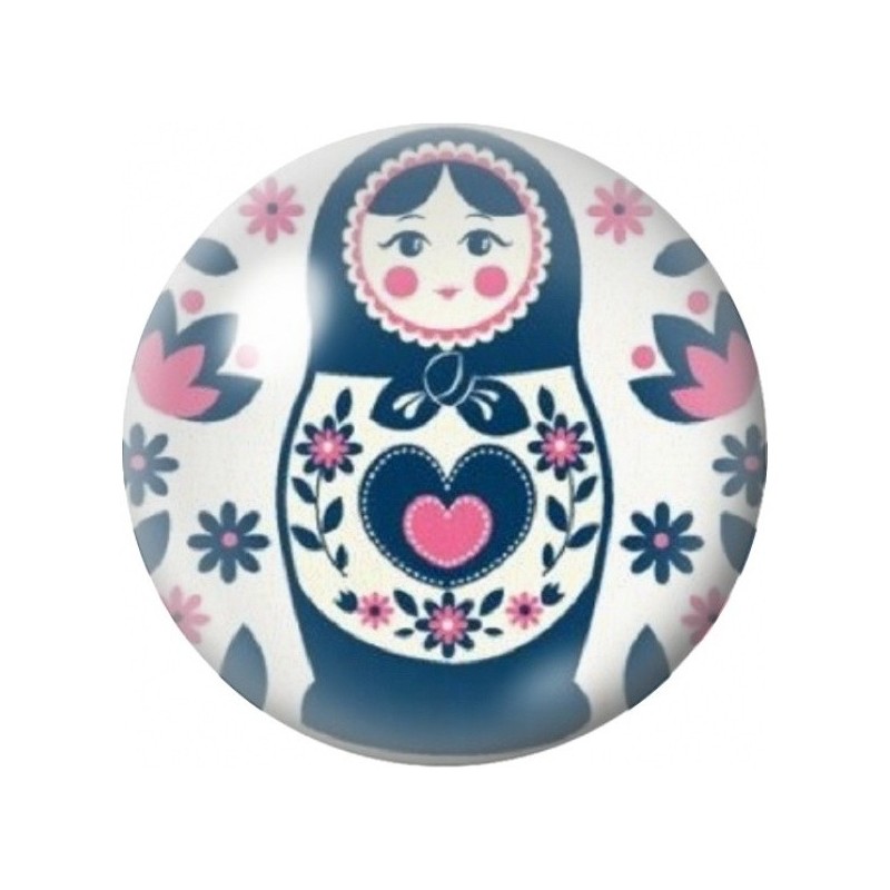 Cabochon en Verre Illustré Poupée Russe Bleue au Cœur Rose 12 à 25mm