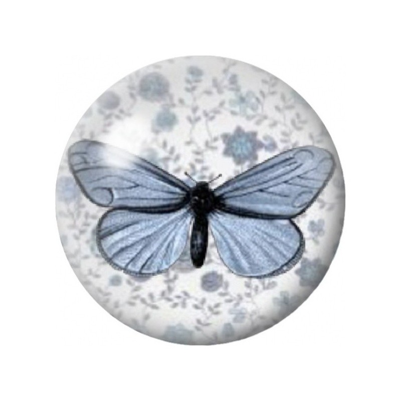 Cabochon en Verre Illustré Papillon Bleu sur Fond Floral 12 à 25mm