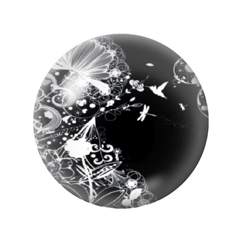 Cabochon en Verre Illustré Colibris et Fleurs en Noir et Blanc 12 à 25mm