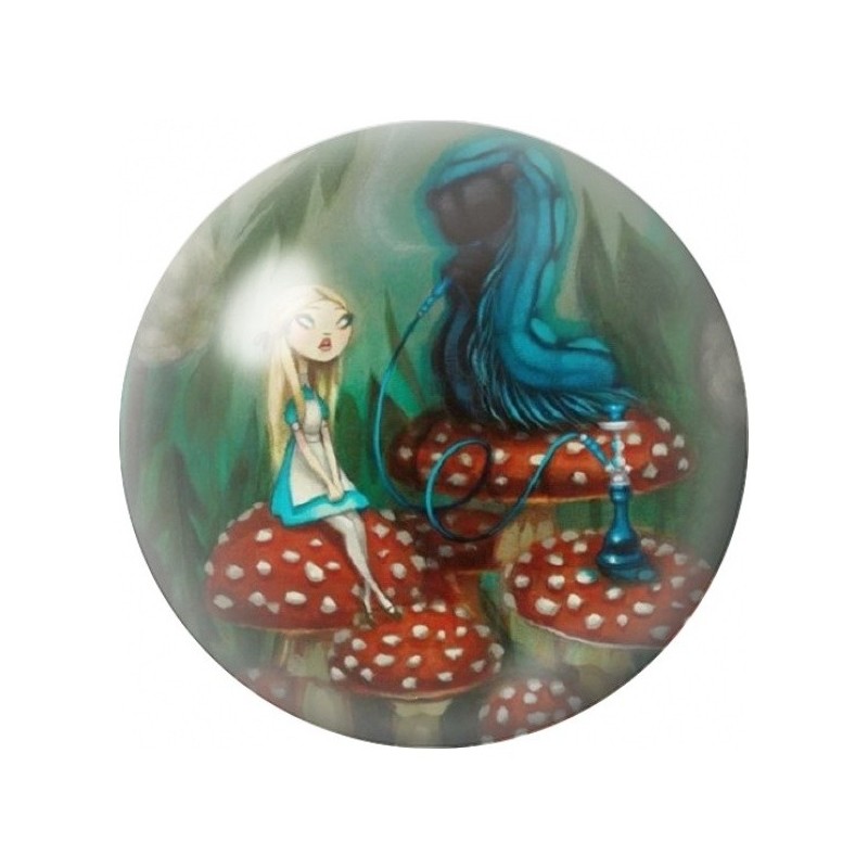 Cabochon en Verre Illustré Alice et la Chenille aux Champignons 12 à 25mm