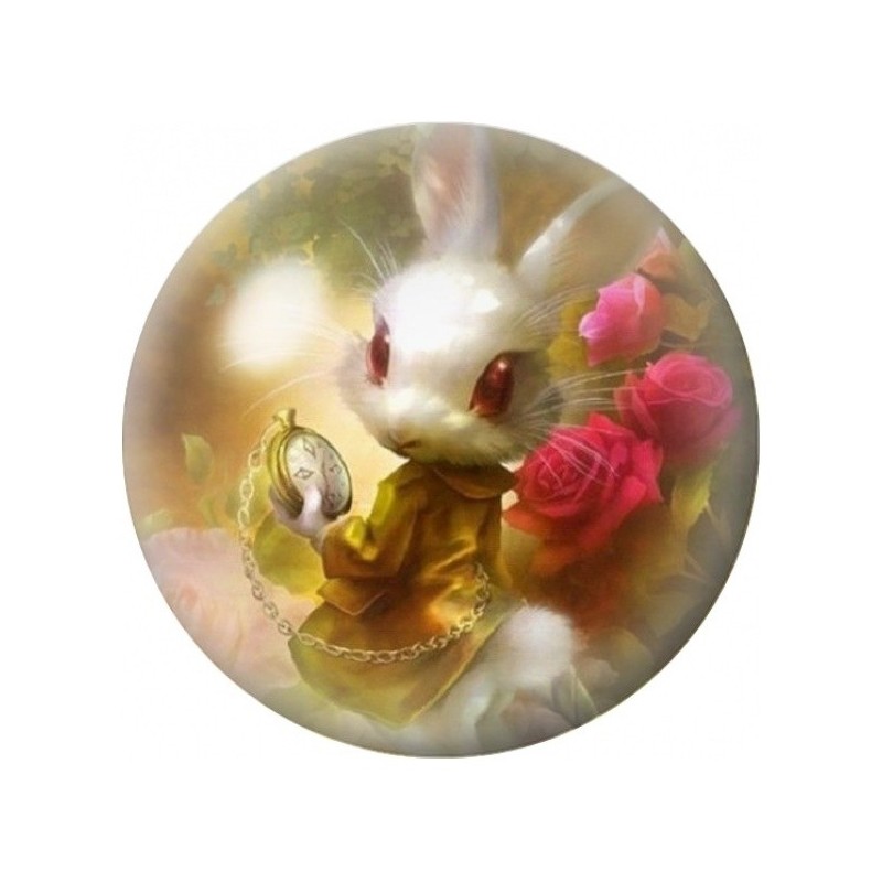 Cabochon en Verre Illustré Lapin Blanc à la Montre et aux Roses 12 à 25mm