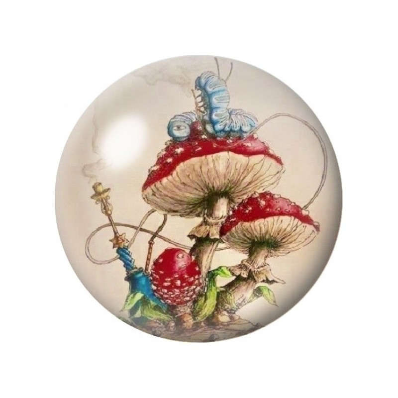 Cabochon en Verre Illustré Chenille Bleue aux Champignons Rouges 12 à 25mm