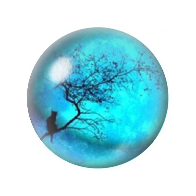 Cabochon en Verre Illustré Chat sur Branche à la Lune Bleue 12 à 25mm
