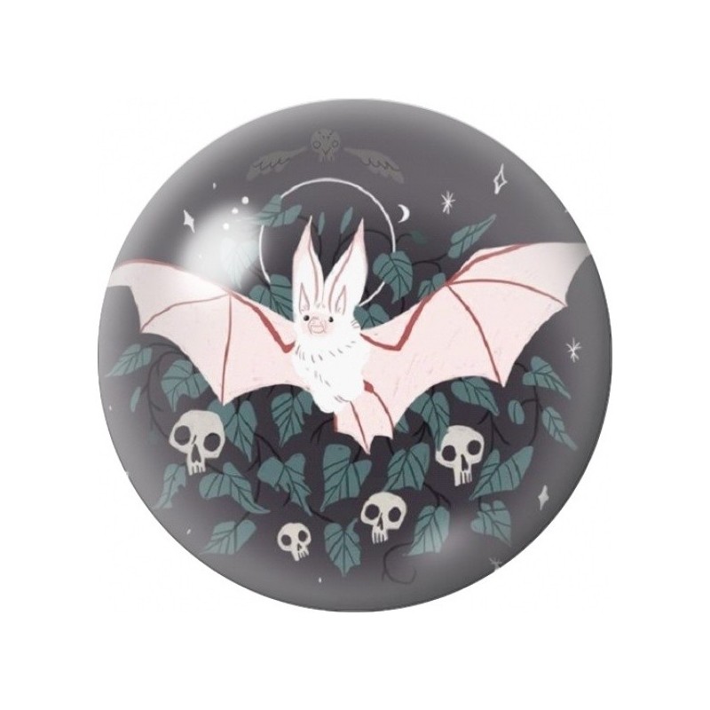Cabochon en Verre Illustré Chauve-Souris Rose et Crânes 12 à 25mm