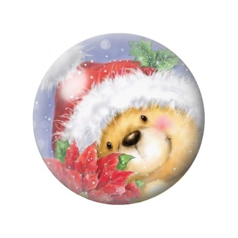 Cabochon en Verre Illustré Ourson au Bonnet et Poinsettias 12 à 25mm