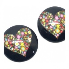 2 Cabochons en Verre Illustrés Cœur Fleuri sur Fond Noir 12mm pour la Création de Bijoux Fantaisie - DIY