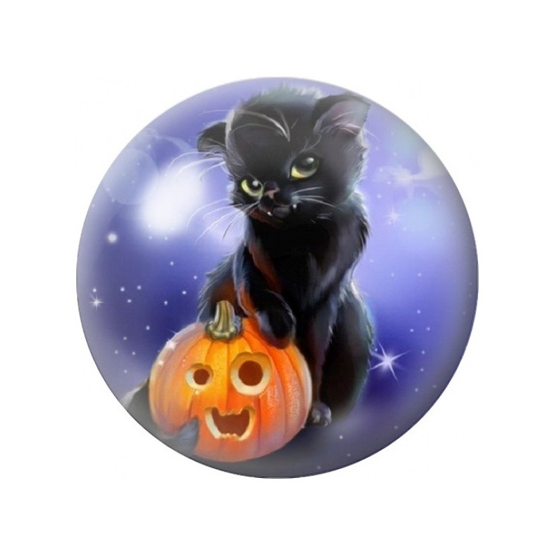 Cabochon en Verre Illustré Chat Noir sur Citrouille d’Halloween 12 à 25mm