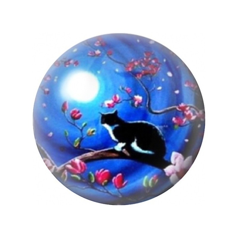Cabochon en Verre Illustré Chat Noir sous la Lune Fleurie 12 à 25mm