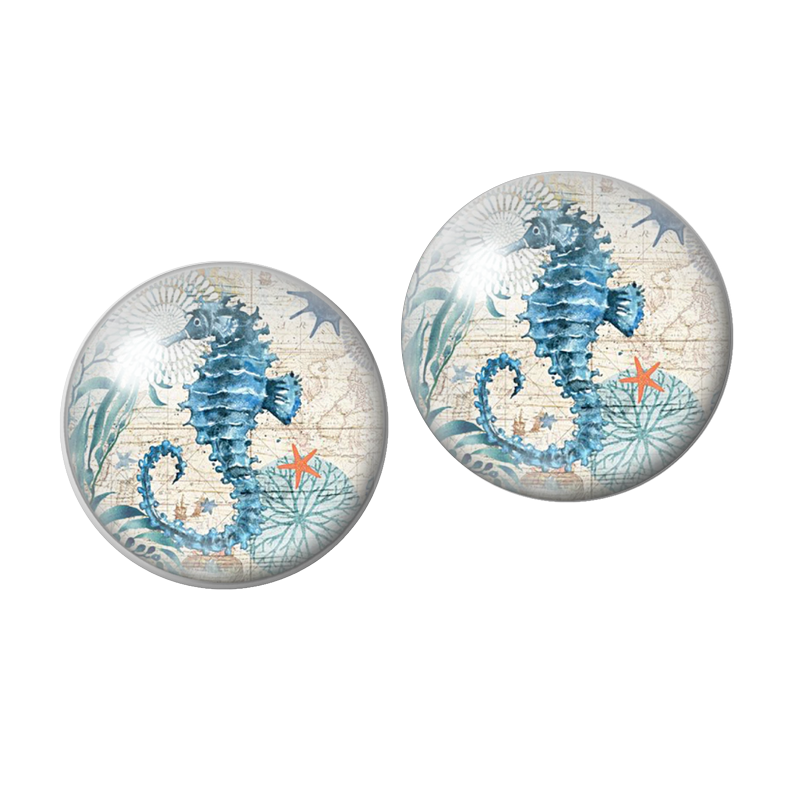 2 Cabochons en Verre Illustrés Hippocampe Bleu 10mm