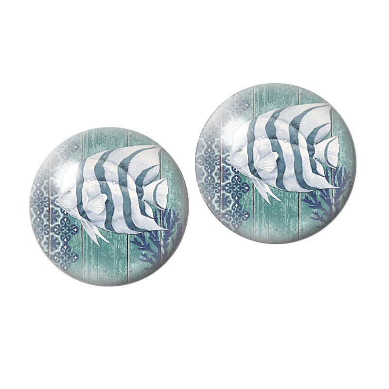 2 Cabochons en Verre Illustrés Poisson Rayé Bleu 10mm
