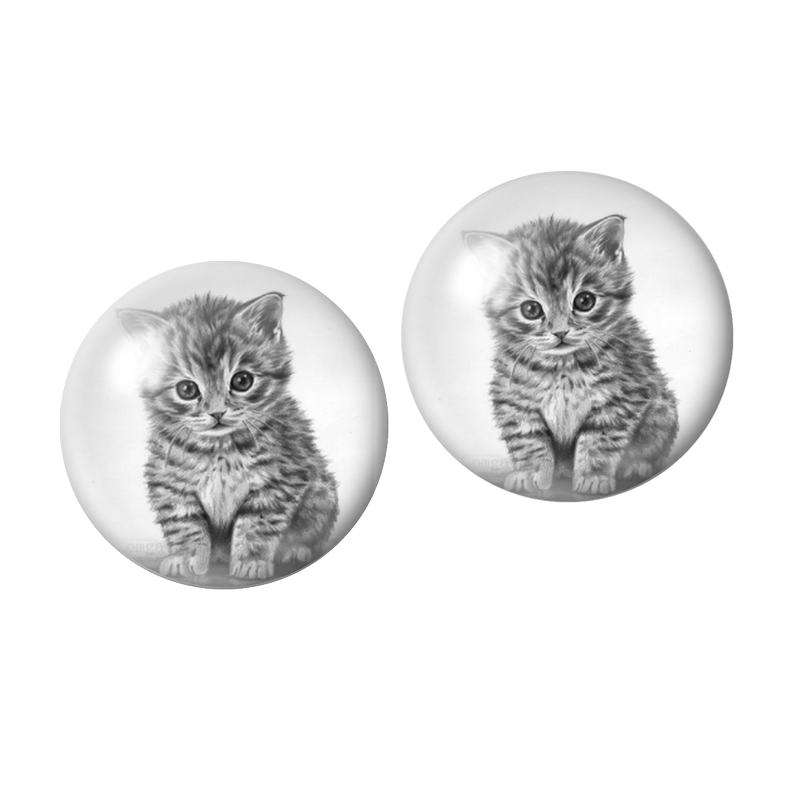 2 Cabochons en Verre Illustrés Chaton Gris 10mm