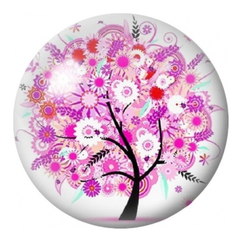 Cabochon en Verre Illustré Arbre aux Fleurs Roses 12 à 25mm