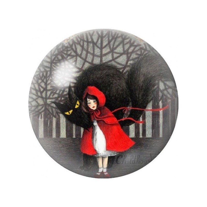 Cabochon en Verre Illustré Petit Chaperon Rouge et Loup Noir 12 à 25mm