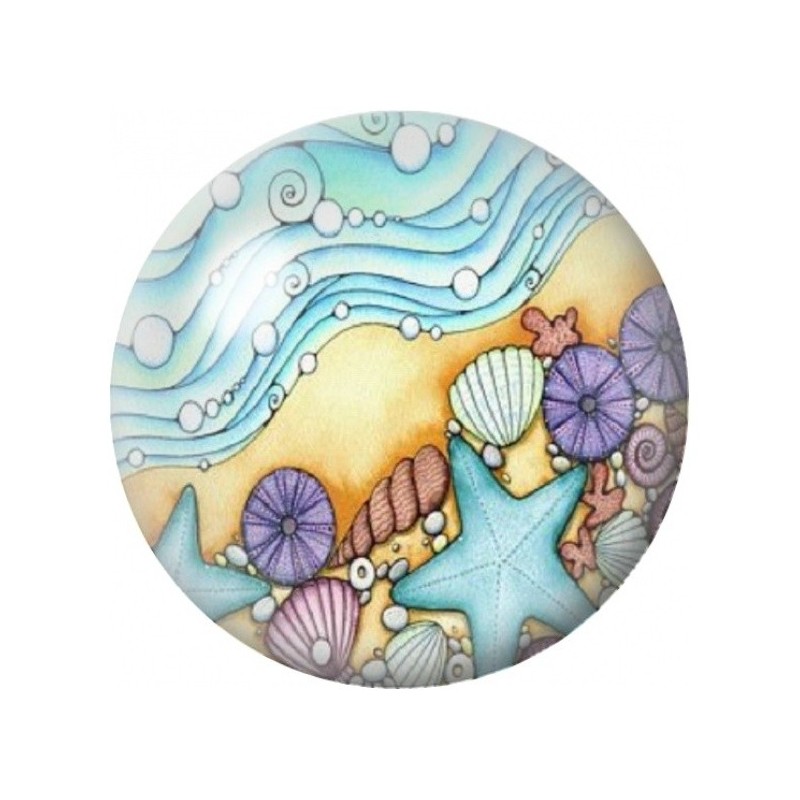 Cabochon en Verre Illustré Plage aux Coquillages Pastel 12 à 25mm