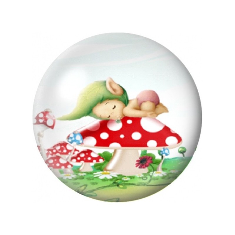 Cabochon en Verre Illustré Petit Lutin sur Champignon 12 à 25mm