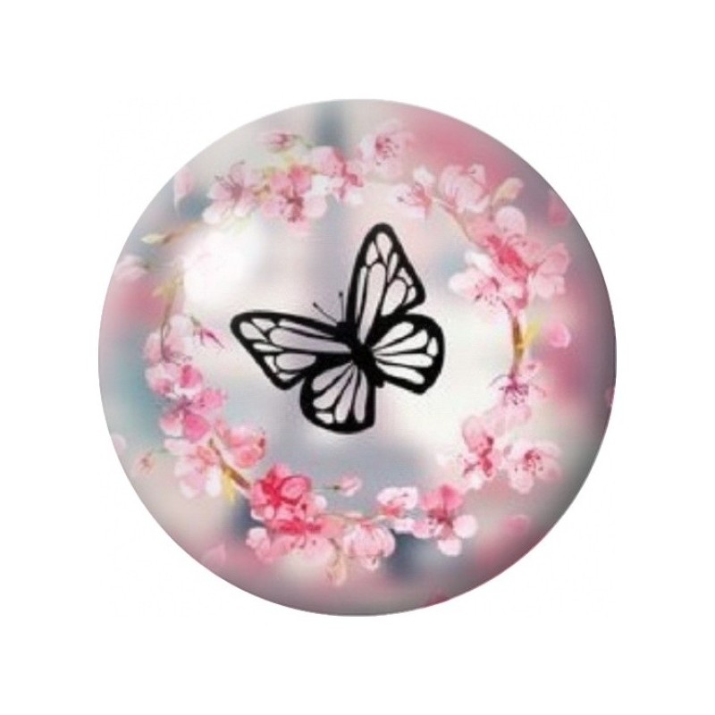 Cabochon en Verre Illustré Papillon Noir dans une Couronne Rose 12 à 25mm