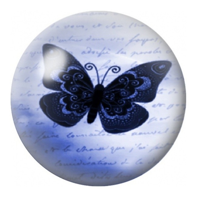 Cabochon en Verre Illustré Papillon Noir sur Écriture Bleue 12 à 25mm