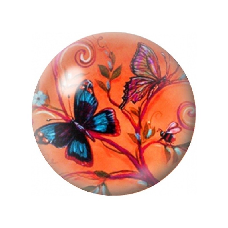 Cabochon en Verre Illustré Papillons Bleus sur Fond Corail 12 à 25mm