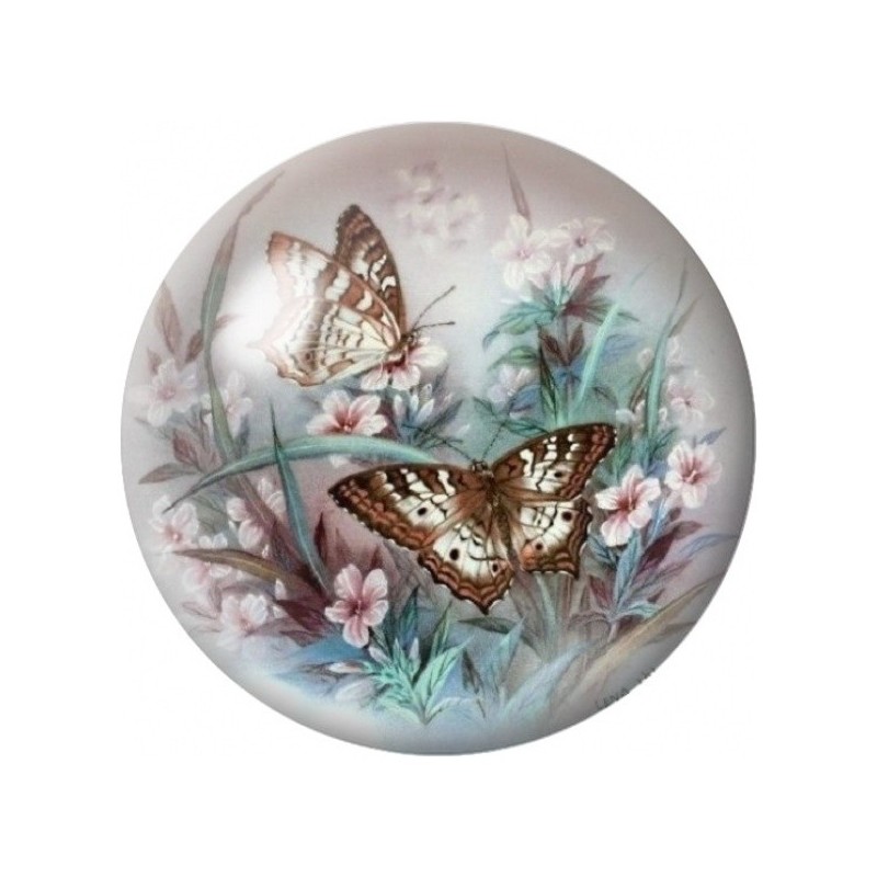 Cabochon en Verre Illustré Papillons Bruns au Jardin Bleu 12 à 25mm